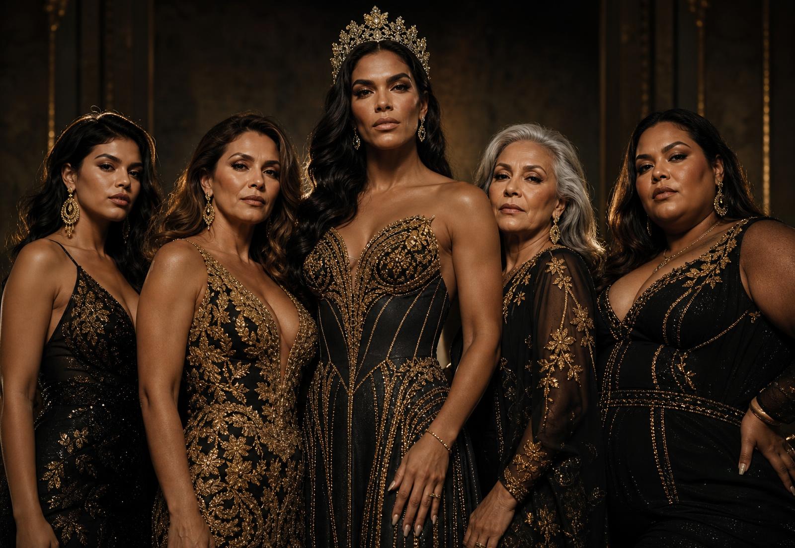 Candidatas do Miss Brasil Plural de diferentes idades, corpos e identidades em vestidos de gala pretos e dourados